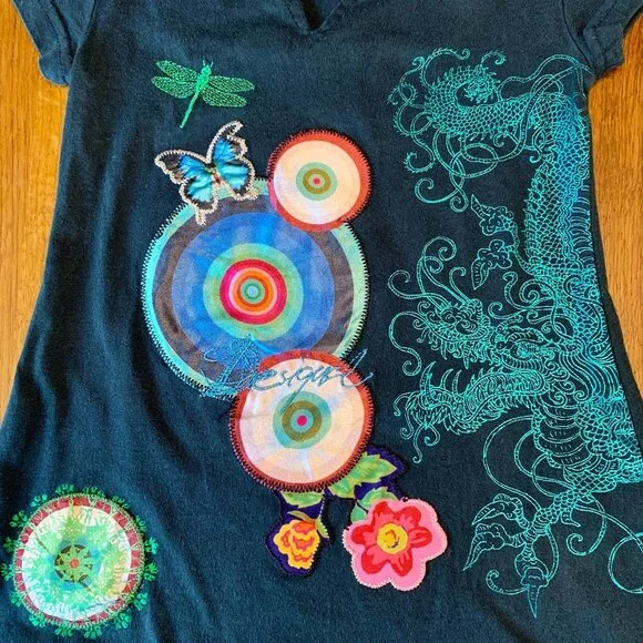 DESIGUAL Dragon T-Shirt Top Girls 3-4 3T 4T Asymmetric Tunic Embroidered Tee - Picture 3 of 5